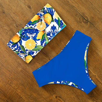 Reversible Bikinis Women Bandeau Swimwear Back Cross Halter Swimsuit Print High Waist Bathing Suit Femme Swim Wear Summer