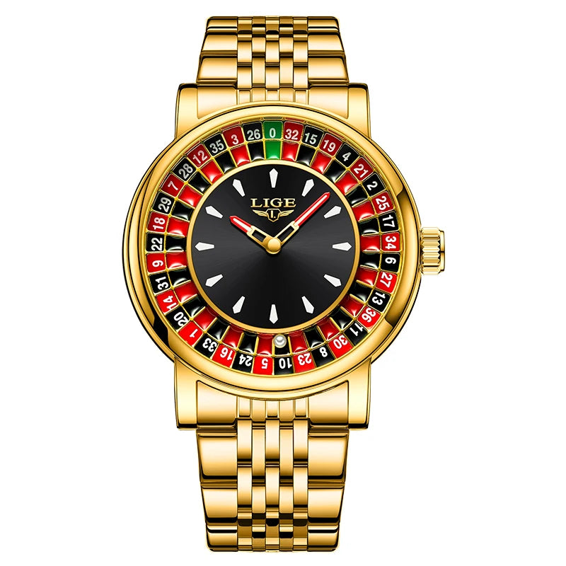 LIGE Quartz Man Watch Fashion Luxury Creative Roulette Game Dial Design Leather Casual Life Waterproof Watches for Men Gifts+Box