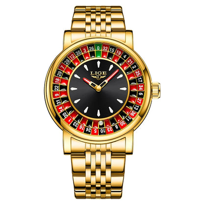 LIGE Quartz Man Watch Fashion Luxury Creative Roulette Game Dial Design Leather Casual Life Waterproof Watches for Men Gifts+Box