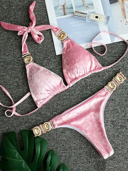 2026 Shiny Rhinestone Diamond Bikini Women Swimsuit Female Swimwear Two Pieces Bikini Set Halter Metal Chains Bathing Suit Swim