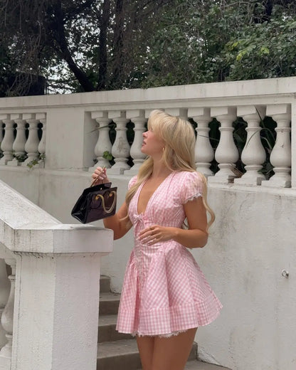 YENKYE Sweet Cute White Mini Dress For Pretty Girl Elegant A-line Bow V Neck Summer Dresses Party Robe Vacation Vestidos 2025