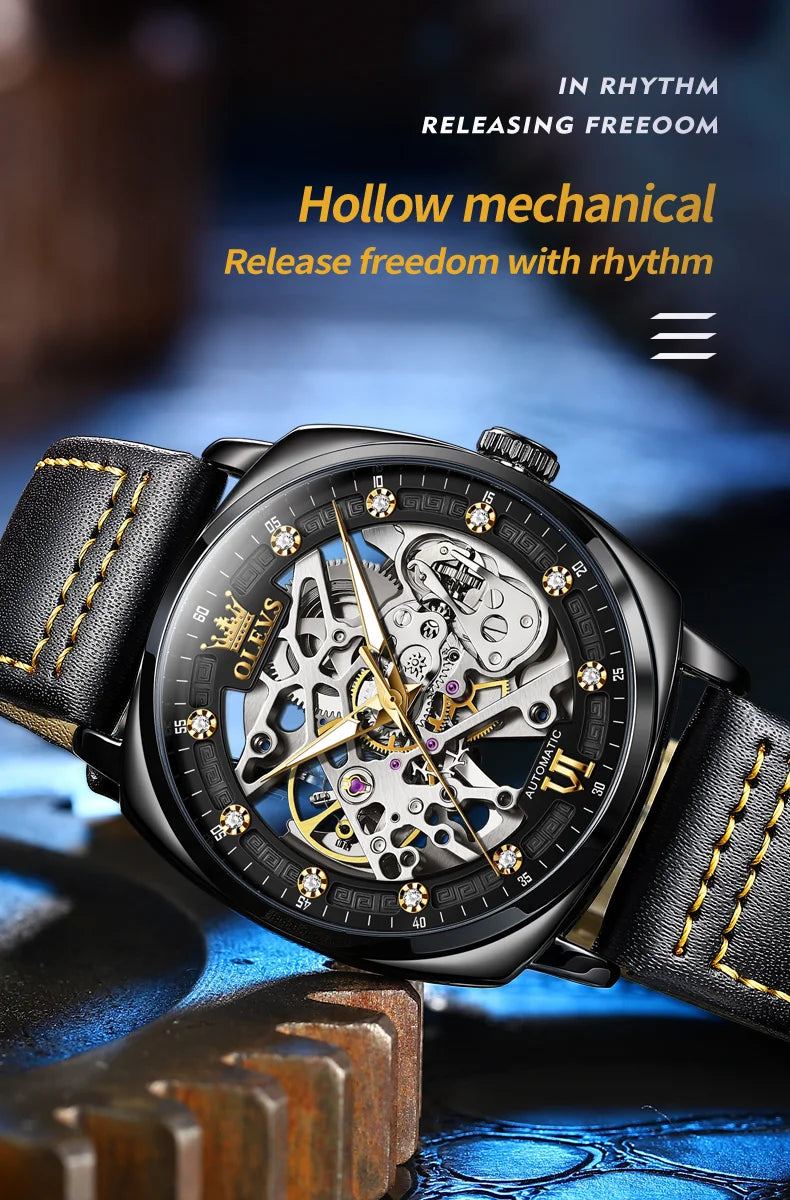 OLEVS 6651 Transparent Hollow Automatic Watches for Men Leather Strap Tonneau PUNK Style Mechanical Writwatch Luxury Man Watch