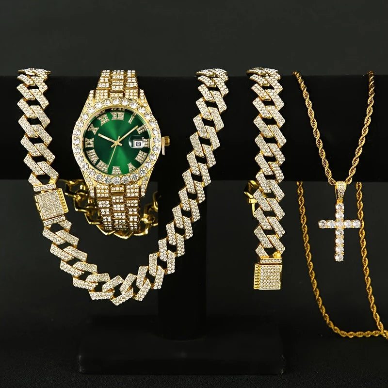 3/4PCS Hip Hop Iced Out Men's Watch Jewelry Set Luxury Rhinestone Quartz Wristwatch Cuban Link Chain Accessories（Without Box）