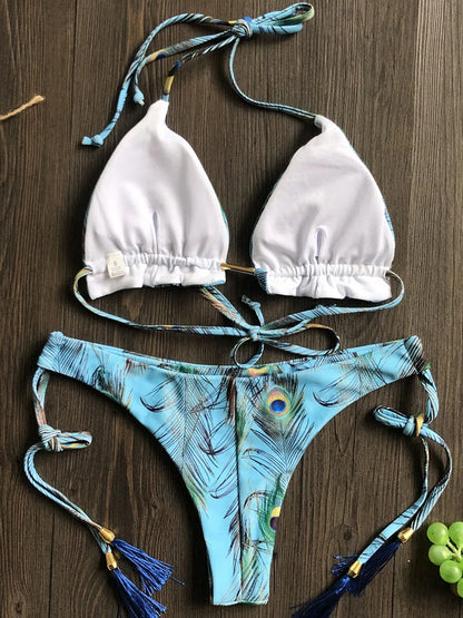 RUOTONGSEPT Sexy Micro Bikinis Set 2022 New Swimsuit Women Feather Print Bandage Swimwear Female Bathing Suit Brazilian Biquinis