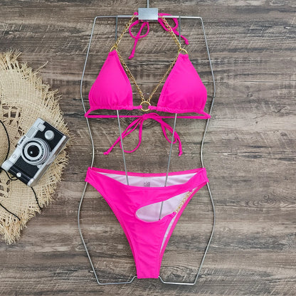 Brazilian Bikini Swimsuit for Women, Ring Linked Halter, Swimwear, Beachwear, 2025
