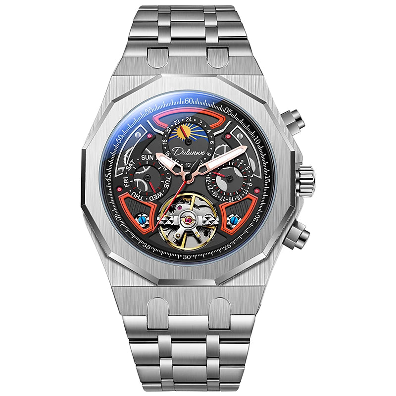 Luxury Tourbillon Watches Men Fashion Sport Rubber Strap Moon Phase Date Waterproof Automatic Mechanical Wrist Watch Man Reloj