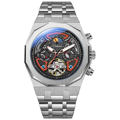 Luxury Tourbillon Watches Men Fashion Sport Rubber Strap Moon Phase Date Waterproof Automatic Mechanical Wrist Watch Man Reloj
