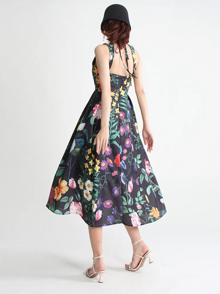 TWOTWINSTYLE Summer Loose Dress For Women Square Collar Sleeveless High Waist Print Colorblock Midi Dresses Female Clothing 2022