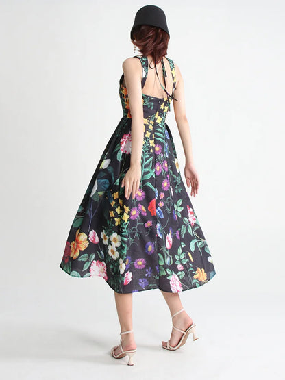 TWOTWINSTYLE Summer Loose Dress For Women Square Collar Sleeveless High Waist Print Colorblock Midi Dresses Female Clothing 2022