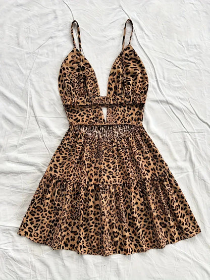 4-Color Leopard Printed Sexy Camisole Dress Women Sleeveless Backless Mini Dress Summer Vacation Dresses