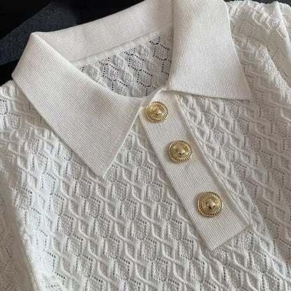 French High end Ice Silk Polo Shirt Women Summer Chic Thin Unique Jacquard Knitted Short Sleeve Loose White T-shirt Women Top