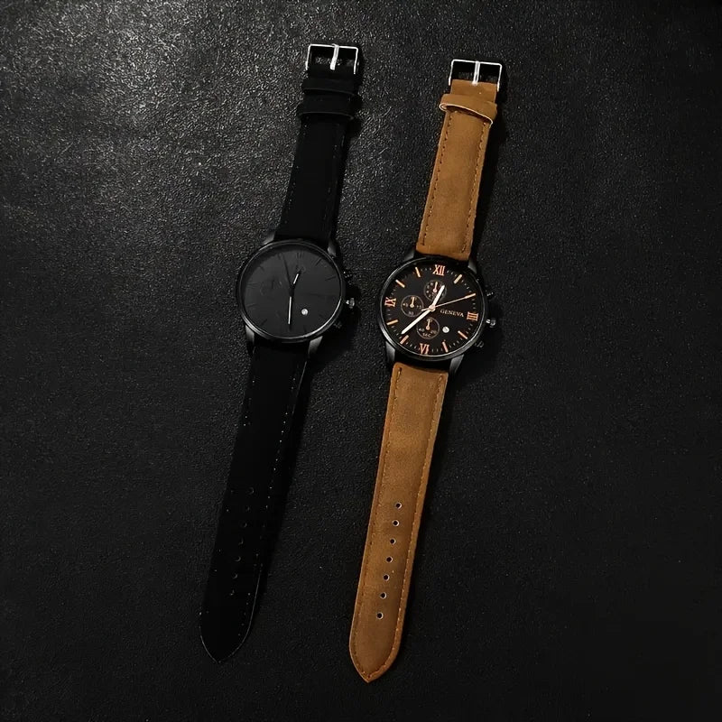 4pcs Fashion Men's Quartz Watch Set Decorative Three-eye Dial Men Business Watches Reloj Hombre（Without Box）