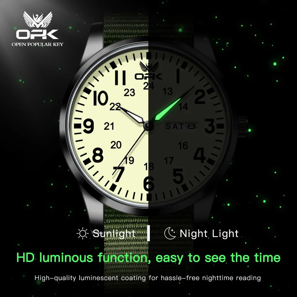OPK 6090 Quartz Watches for Man Fashion Casual Nylon Webbing Watchband Dual Calendar Waterproof Luminous Men's Sports Watches