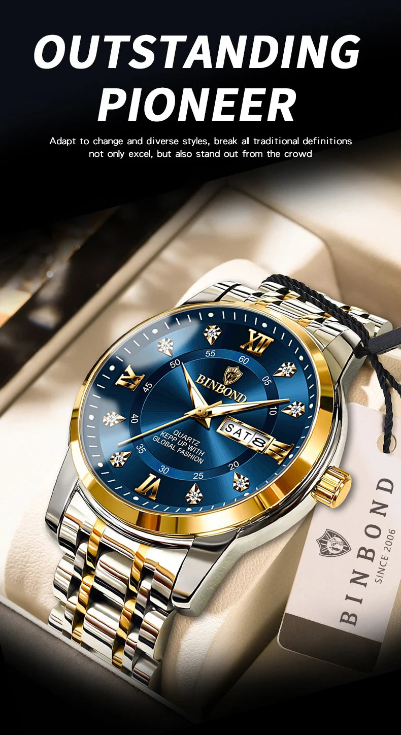 BINBOND Luxury quartz wristwatches luminous waterproof week auto date men's watch business sport clock fashion casual reloj