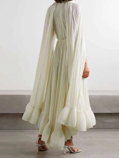 IEQJ Elegant Big Swing Irregular Ruffles Party Maxi Dresses For Women Cloak Sleeves Spliced Lace Up Pleated Dress 2025 New