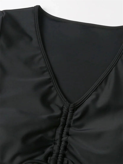 Sexy Drawstring Bikini Set 2026 Women Green Black Short Sleeve Two Piece Swimsuit Summer Bathing Suit Pleate High Waist Swimwear