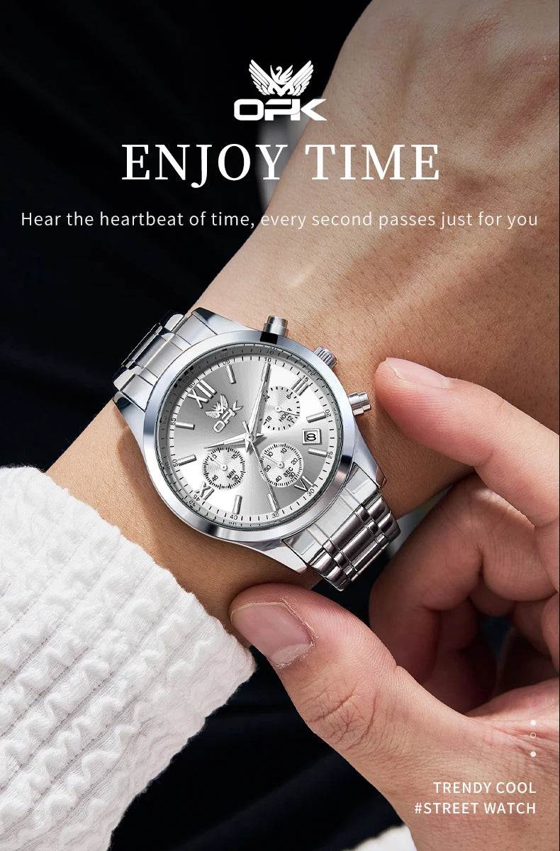 OPK 6052 Chronograph Quartz Wristwatch Original Steel Strap Waterproof Luminous Calendar Fashion Elegant Men's Business Watches
