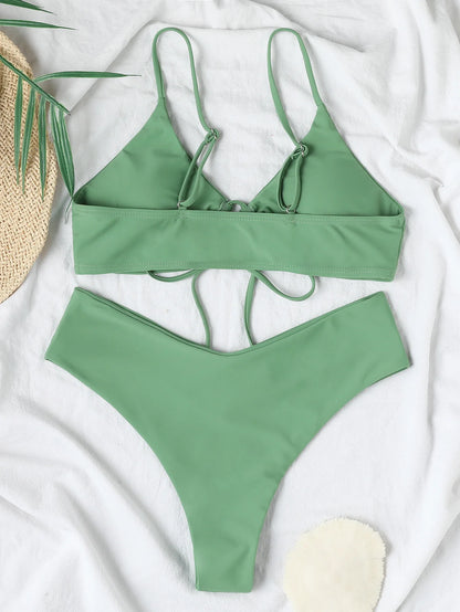 New High Elastic Bikini Set for 2025 Summer Two Pieces Solid Color Lace-up Sexy Women Swimsuit Beach Bathing Suit Swimwear