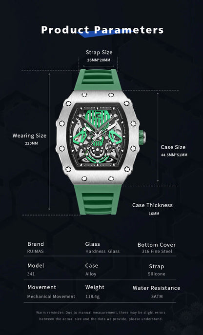 RUIMAS Tonneau Dial Automatic Movement Watches for Men Fashion Sport Mechanical Wristwatch Waterproof Clock Reloj Hombre 341