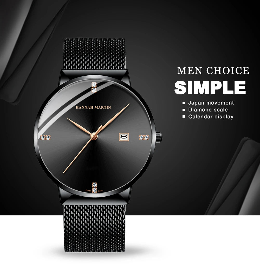 Japanese Original Quartz Movement Watch Luxury Rhinestone 40mm Blue Black Business Style Casual Fashion Stainless Steel Watches
