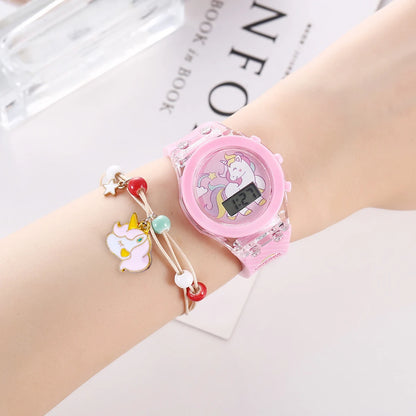 Flash Light Unicorn Children Watches with Bracelet Box Sports Girls Gift Digital LED Watch Women Ladies Toys