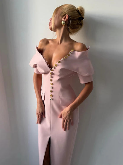 Women's High Neck Bodycon Midi Dress Short Sleeve Gold Button Split Hem Dresses 2026 Female Elegant Formal Evening Party Robe