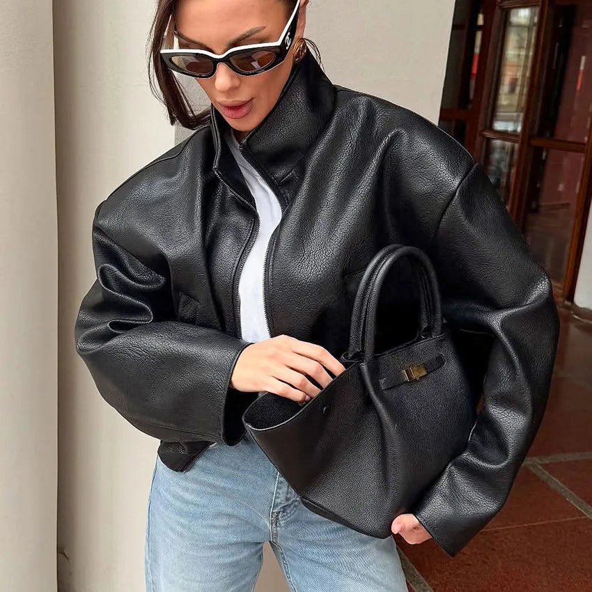 Women's 2025 Fall Winter Black PU Leather Jacket Oversized Commuter Style PU Leather Jacket for Women Office Wear Coat