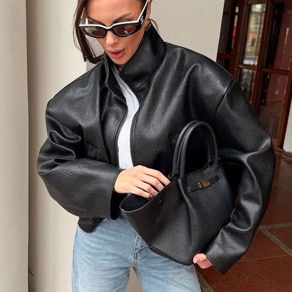 Women's 2025 Fall Winter Black PU Leather Jacket Oversized Commuter Style PU Leather Jacket for Women Office Wear Coat