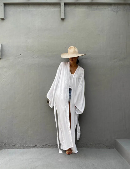 Solid Beach Cover Up Women Self Belted Wrap Kimono Dress Swimsuit 2025 New Robe Summer Beachwear Factory Supply