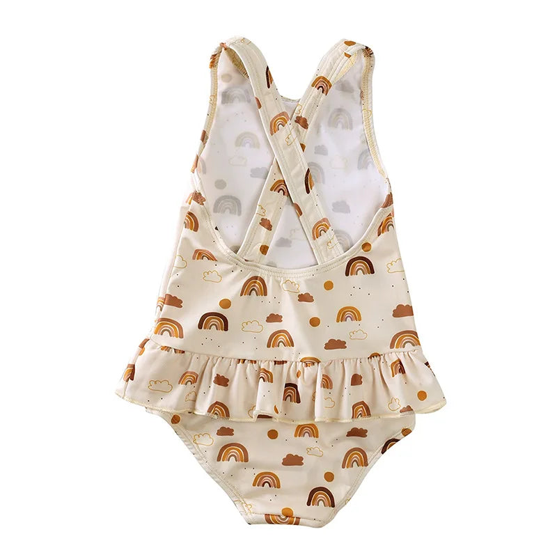Girls Cute Backless Floral One-piece Swimsuit Baby Bikini Swimwear with hat Sun-proof Beach Vacation Toddlers Kids Chic Swimsuit