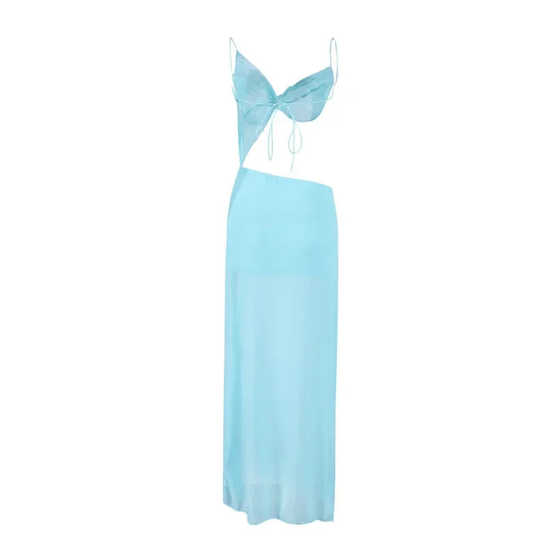 Sexy Chest Wrap Maxi Women's Dress White Backless Hip Package High Split Female Beach Dresses 2025 Summer Hollow Out Lady Robe