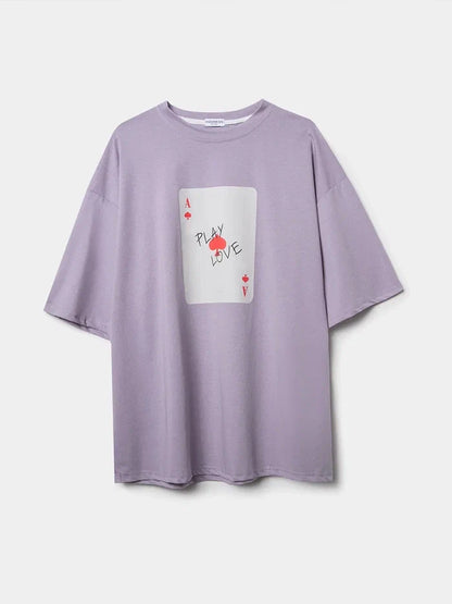 Bornladies 100% Cotton Poker Card Printed T-Shirt Women's Fashionable O-Neck Loose Short Sleeved Female Summer New Casual Top