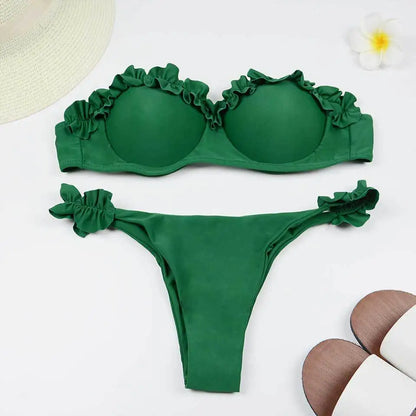 sexy ruffles strapless bikinis sets women leopard print swimsuit two pieces biquini push up bandeau lady swimwear bathing suits