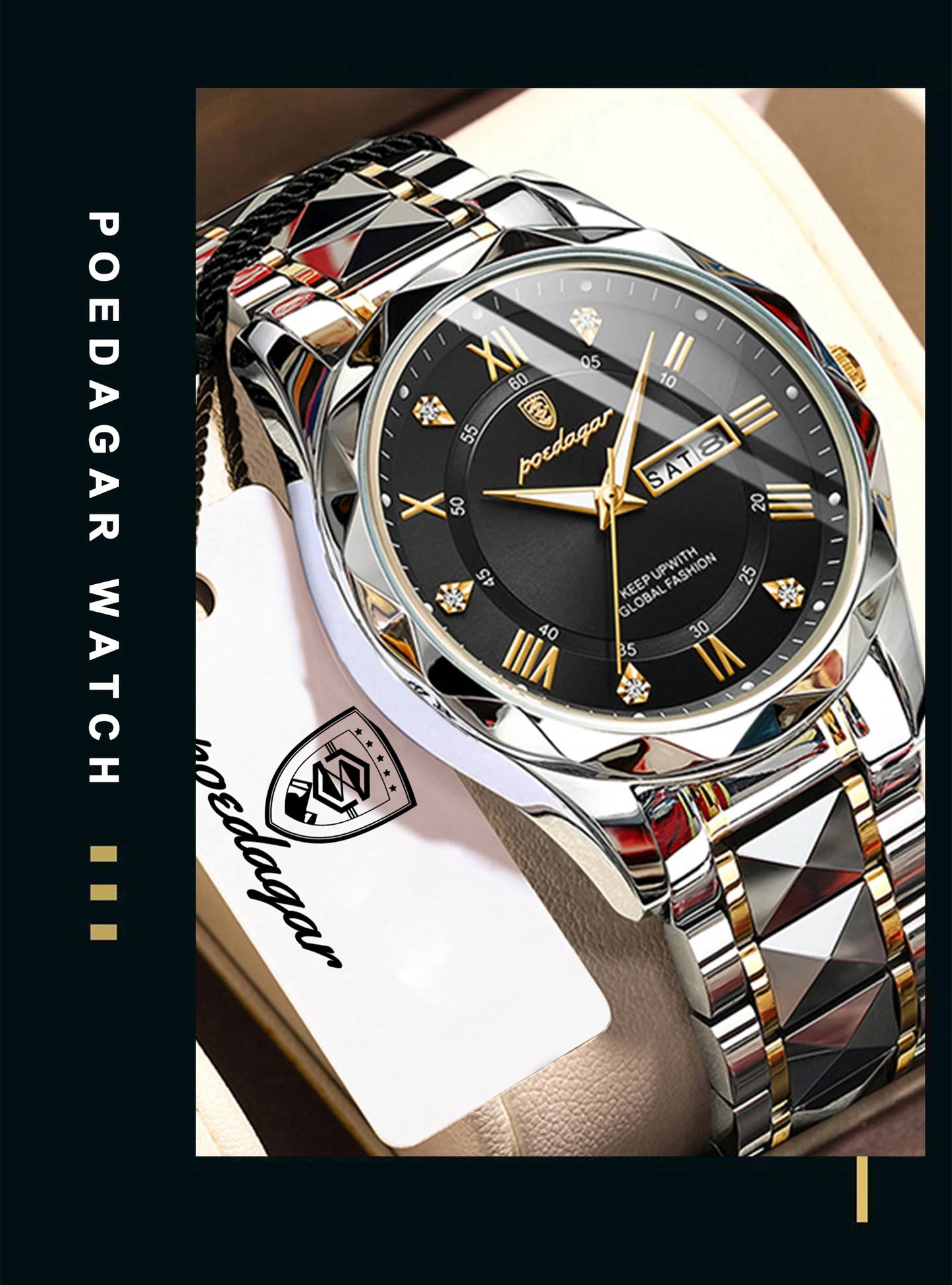 POEDAGAR Top Classic Men's Quartz Watches Waterproof Luminous Stainless Steel Man Wristwatch Date Week Original Men Watch Reloj