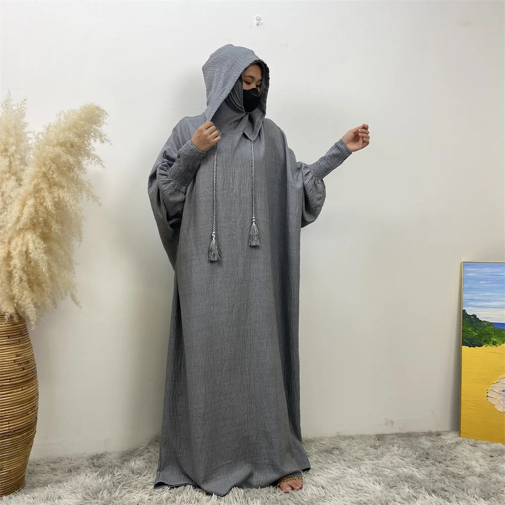 Hot Seller Ramadan Islamic Clothing Wrinkle Polyester Hoodie Abaya Dress With Undercap Muslim Women Abaya Hoodie Causal Dresses