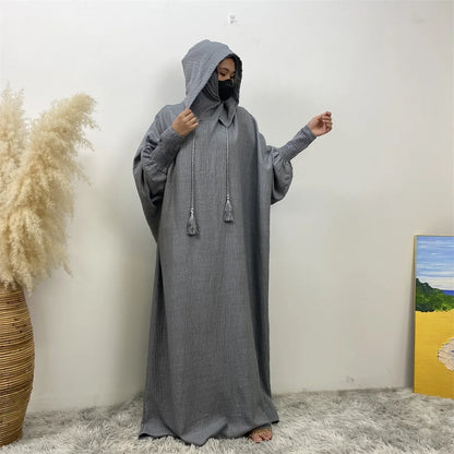 Hot Seller Ramadan Islamic Clothing Wrinkle Polyester Hoodie Abaya Dress With Undercap Muslim Women Abaya Hoodie Causal Dresses