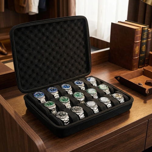 Hard-Shell 15 Slots Watch Storage Organizer Case, Watch Carry Box Fit Large And Small Watches, With Soft Foam Pillow