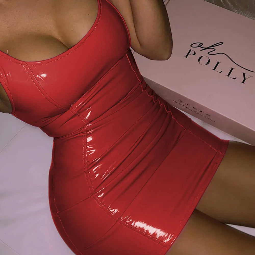 Womens Dresses 2025 Summer Nightclub Party Sexy Hot Girl Sleeveless Zipper PU High Elastic Round Neck Hip Wrap Mini Dress Y2K