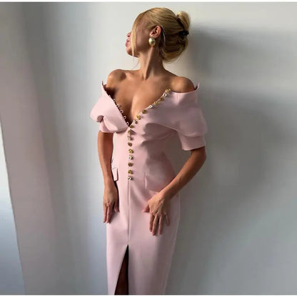Women's High Neck Bodycon Midi Dress Short Sleeve Gold Button Split Hem Dresses 2026 Female Elegant Formal Evening Party Robe
