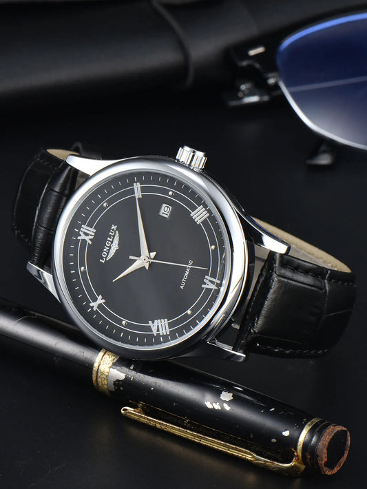 Men automatic watch simple mechanical watches  date waterproof fashion leather gift