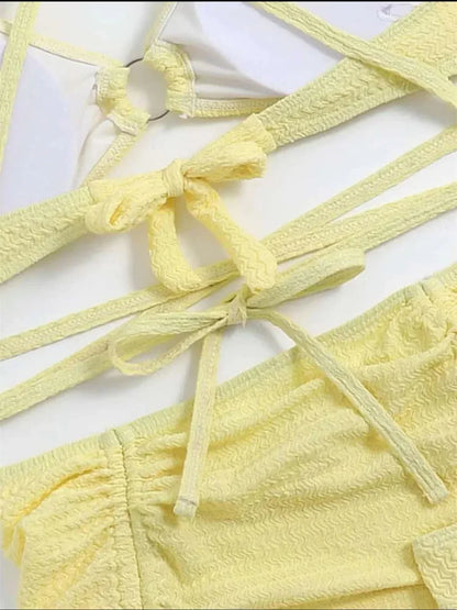 Sexy Yellow Bikini Women Solid Halter Ring Linked Criss Cross Cover Up 3 Piece Swimsuit 2026 Bathing Suit Ruffles Skirt Swimwear