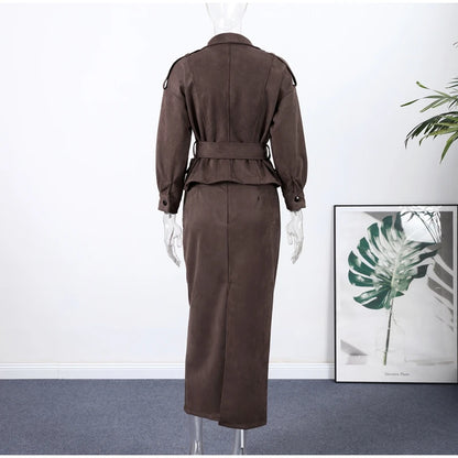Women's Faux Suede Cropped Trench Coat Jacket Belted Notched Lapel Lace-up Retro Chic Outerwear Spring New High Street Outfit