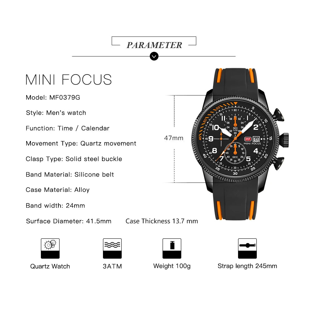 MINI FOCUS Electronic Quartz Mens Watches Auto Date Wristwatch Water Resistant Clock Gift for Men relogio masculino 0379G