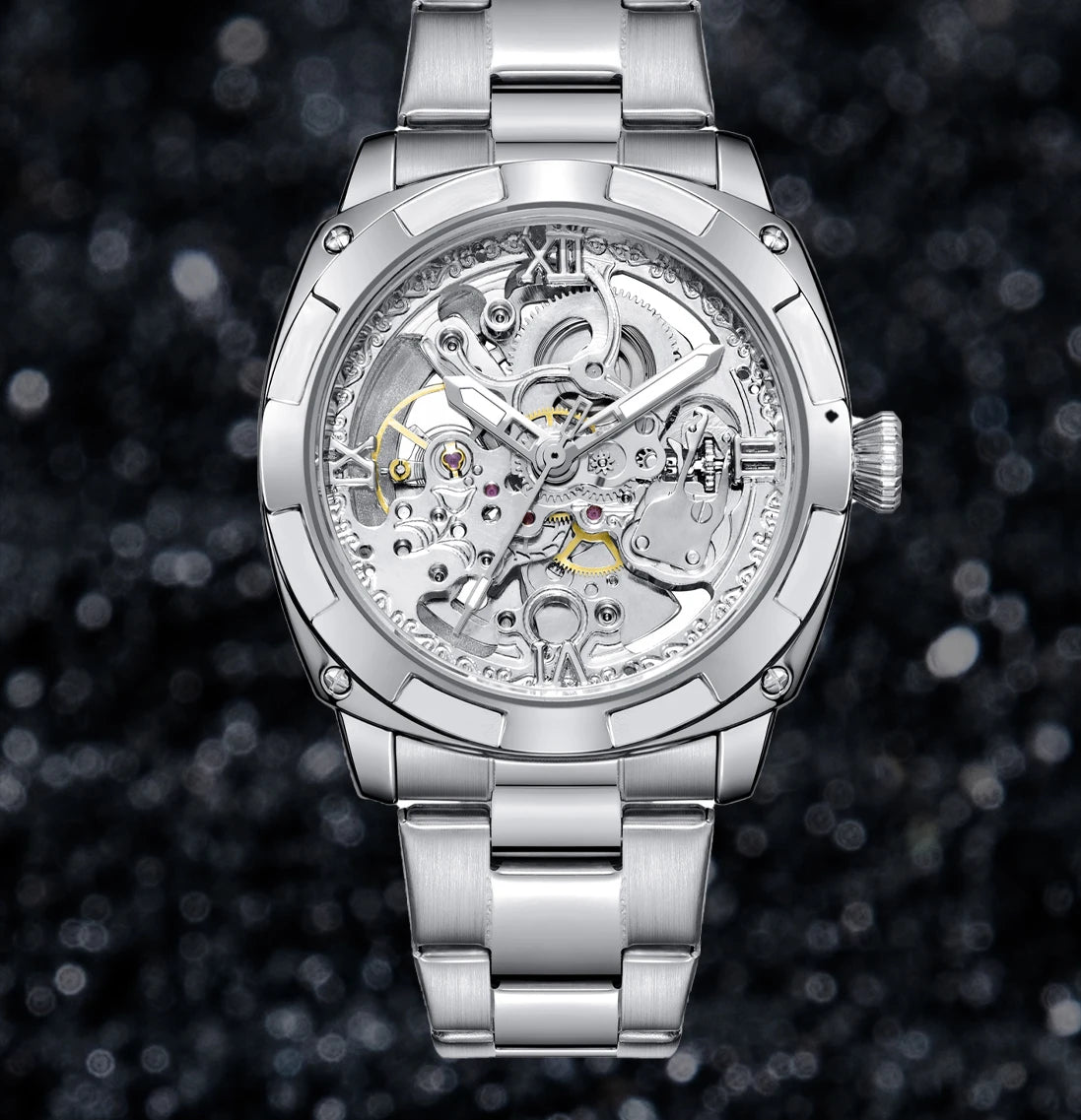 Men automatic watch luxury mechanical watches waterproof skeleton  wholesale stainless steel gift watch