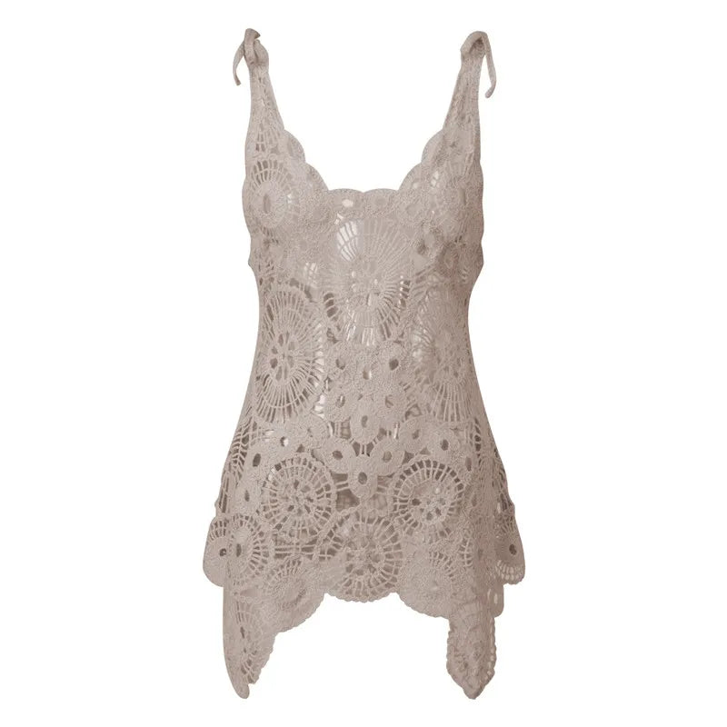 hirigin Sexy Women Crochet Swimsuit Coverups Slim U Neck Hollow Out Sleeveless Irregular Hem Mini Summer Beach Dress
