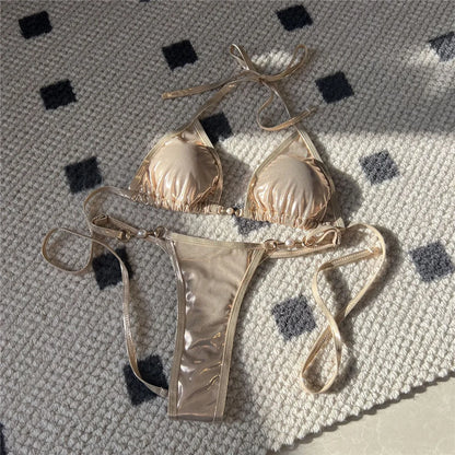 New PU Faux Leather Halter Mini Thong Bikini Female Swimsuit Women Swimwear Two-pieces Bikini set Bather Bathing Suit Swim V5206