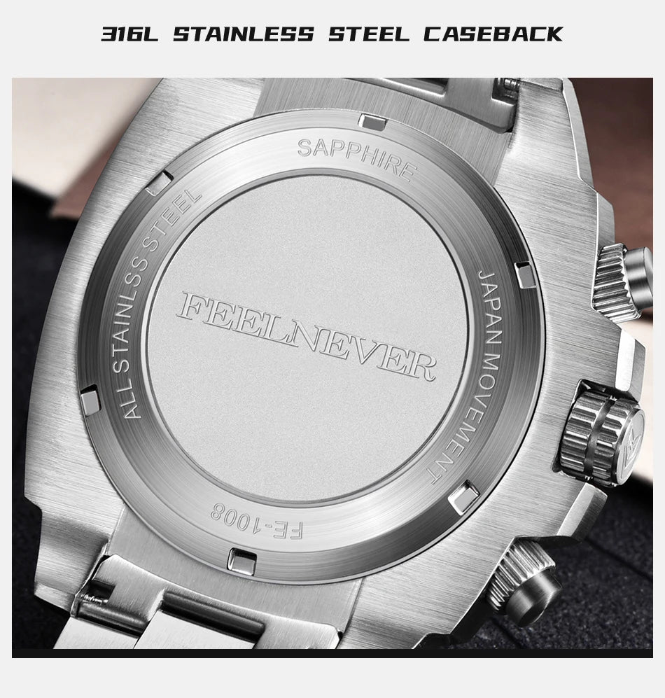 FEELNEVER New Diver Quartz Watch for Men 316L Stainless Steel Sapphire Big Dial Watch Men Outdoor 1000M Waterproof Men's Watches