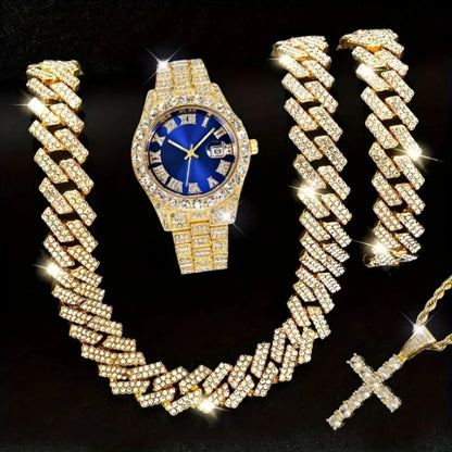 3/4PCS Hip Hop Iced Out Men's Watch Jewelry Set Luxury Rhinestone Quartz Wristwatch Cuban Link Chain Accessories（Without Box）