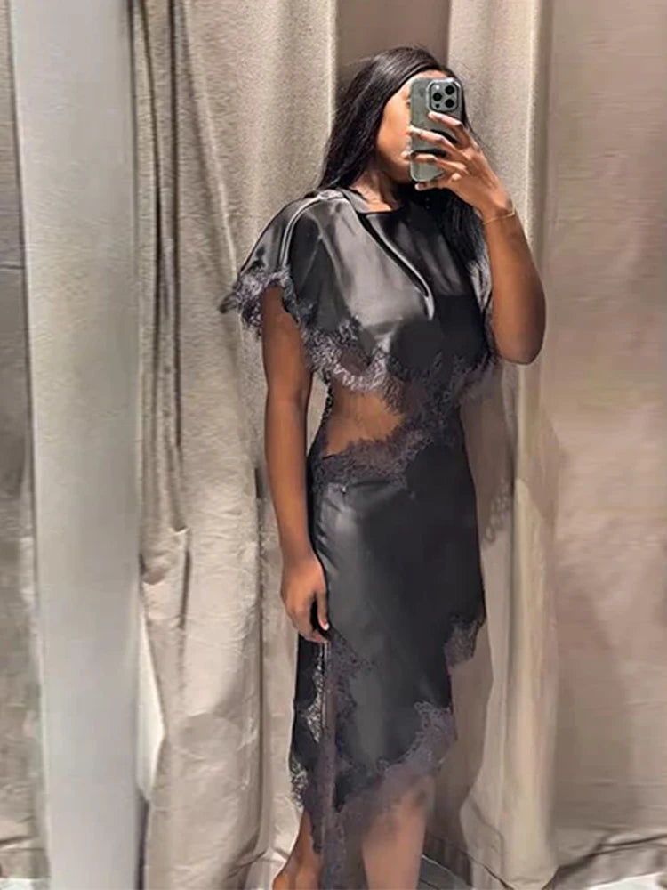 Sexy Lace Patchwork Waist Revealing Dress Women Fashion O-neck Short Sleeve High Waist Slim Dresses Female New Chic Casual Robe