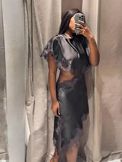 Sexy Lace Patchwork Waist Revealing Dress Women Fashion O-neck Short Sleeve High Waist Slim Dresses Female New Chic Casual Robe